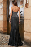 Glitter senza spalline sirena nero abito da ballo con fessura