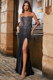 Glitter senza spalline sirena nero abito da ballo con fessura