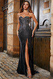 Glitter senza spalline sirena nero abito da ballo con fessura