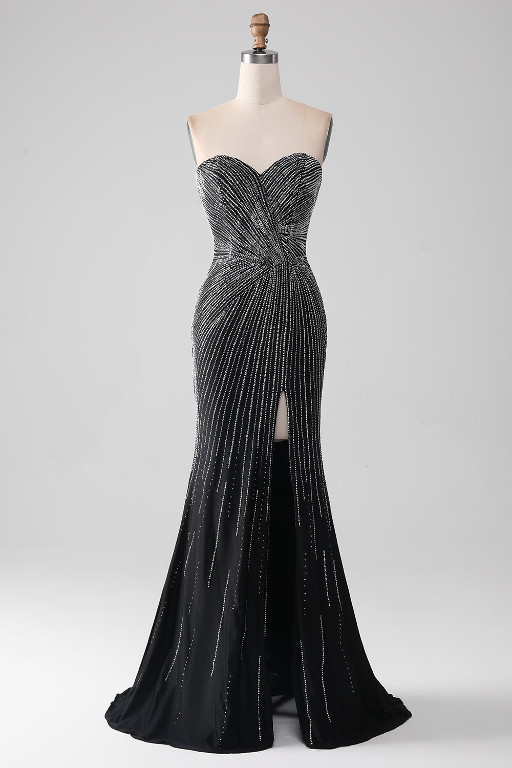 Abito da ballo a sirena senza spalline glitter nero con fessura
