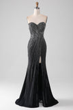 Abito da ballo a sirena senza spalline glitter nero con fessura