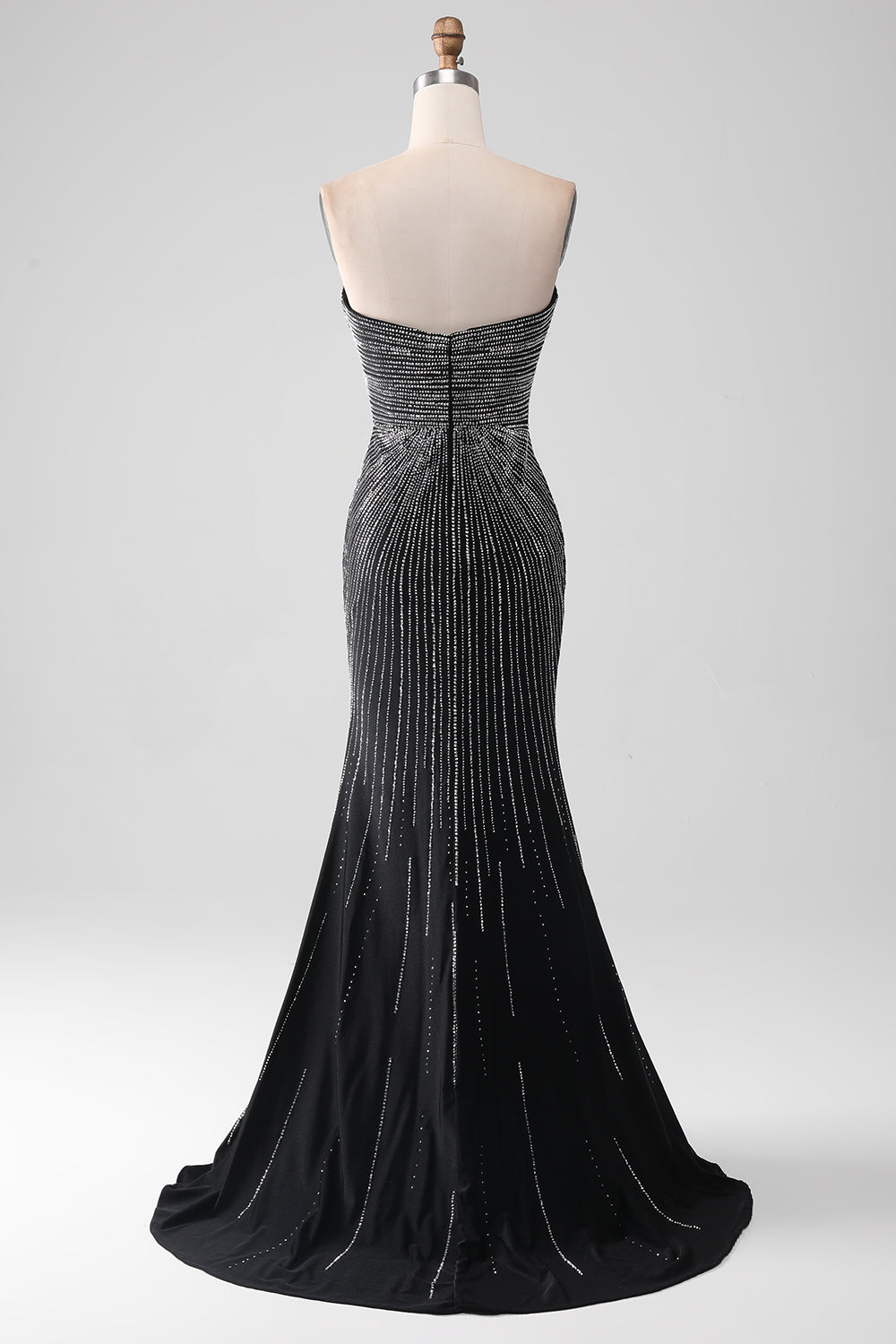 Abito da ballo a sirena senza spalline glitter nero con fessura
