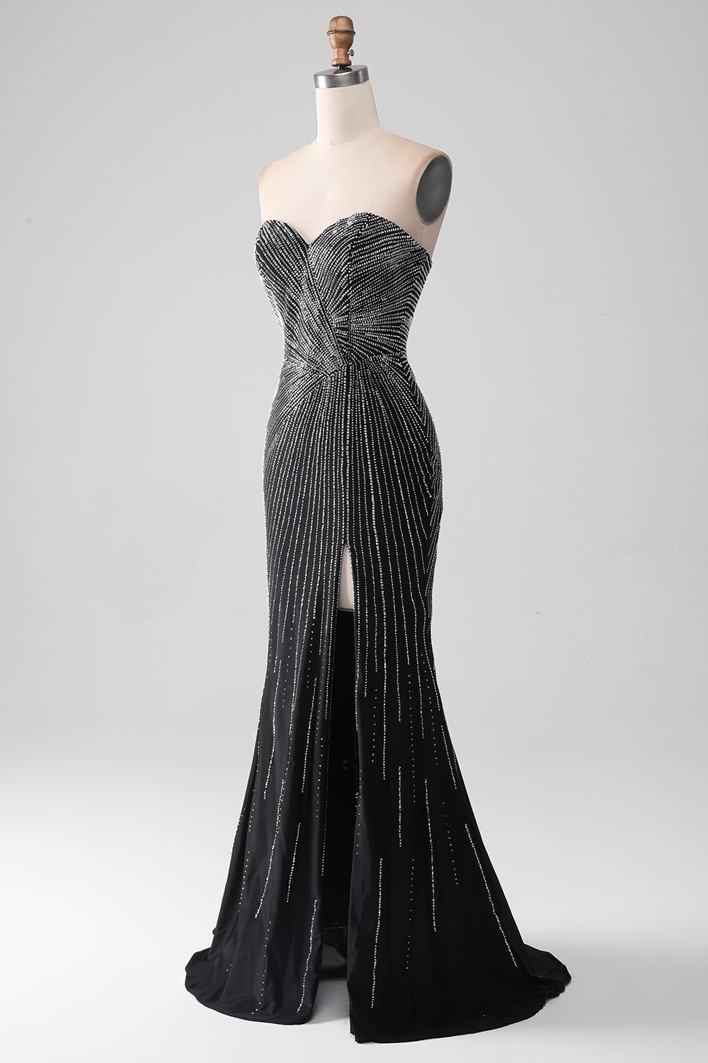 Abito da ballo a sirena senza spalline glitter nero con fessura