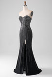 Abito da ballo a sirena senza spalline glitter nero con fessura