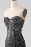Abito da ballo a sirena senza spalline glitter nero con fessura