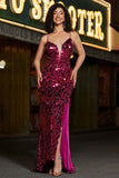 Spaghetti Straps Hot Pink Sparkly Mermaid Paillettes Abito da ballo lungo con fessura