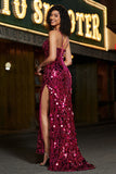 Spaghetti Straps Hot Pink Sparkly Mermaid Paillettes Abito da ballo lungo con fessura