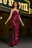 Spaghetti Straps Hot Pink Sparkly Mermaid Paillettes Abito da ballo lungo con fessura
