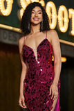 Spaghetti Straps Hot Pink Sparkly Mermaid Paillettes Abito da ballo lungo con fessura