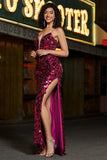 Spaghetti Straps Hot Pink Sparkly Mermaid Paillettes Abito da ballo lungo con fessura
