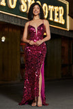 Spaghetti Straps Hot Pink Sparkly Mermaid Paillettes Abito da ballo lungo con fessura