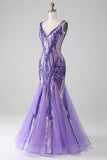 Sparkly Viola Sirena con scollo a V Paillettes Abito lungo da ballo