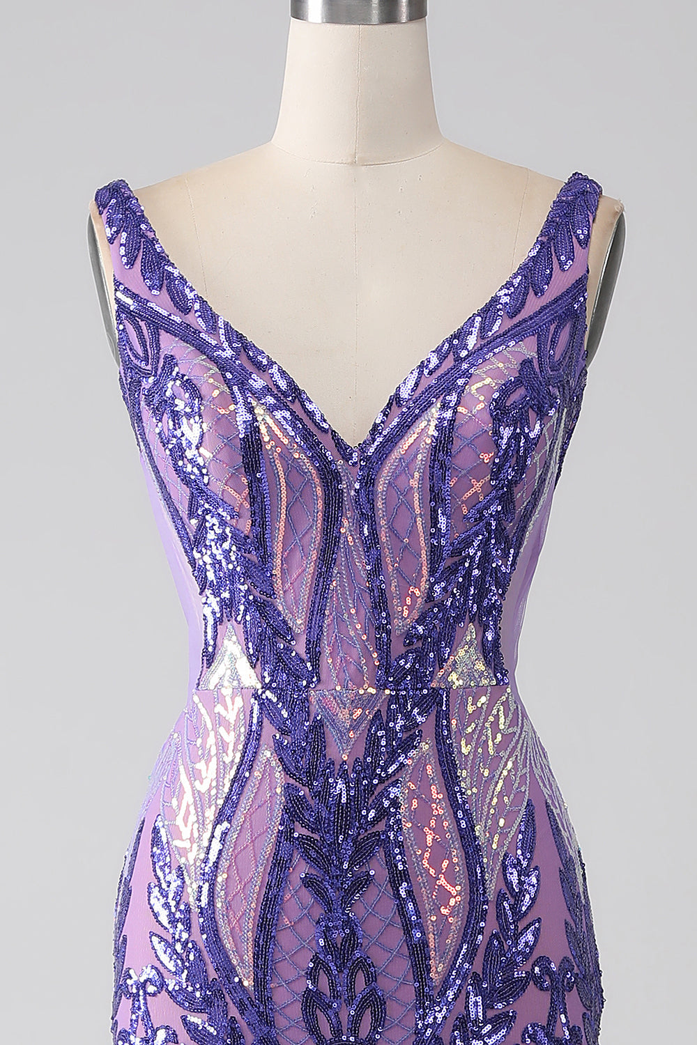 Sparkly Viola Sirena con scollo a V Paillettes Abito lungo da ballo
