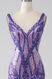 Sparkly Viola Sirena con scollo a V Paillettes Abito lungo da ballo