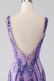 Sparkly Viola Sirena con scollo a V Paillettes Abito lungo da ballo