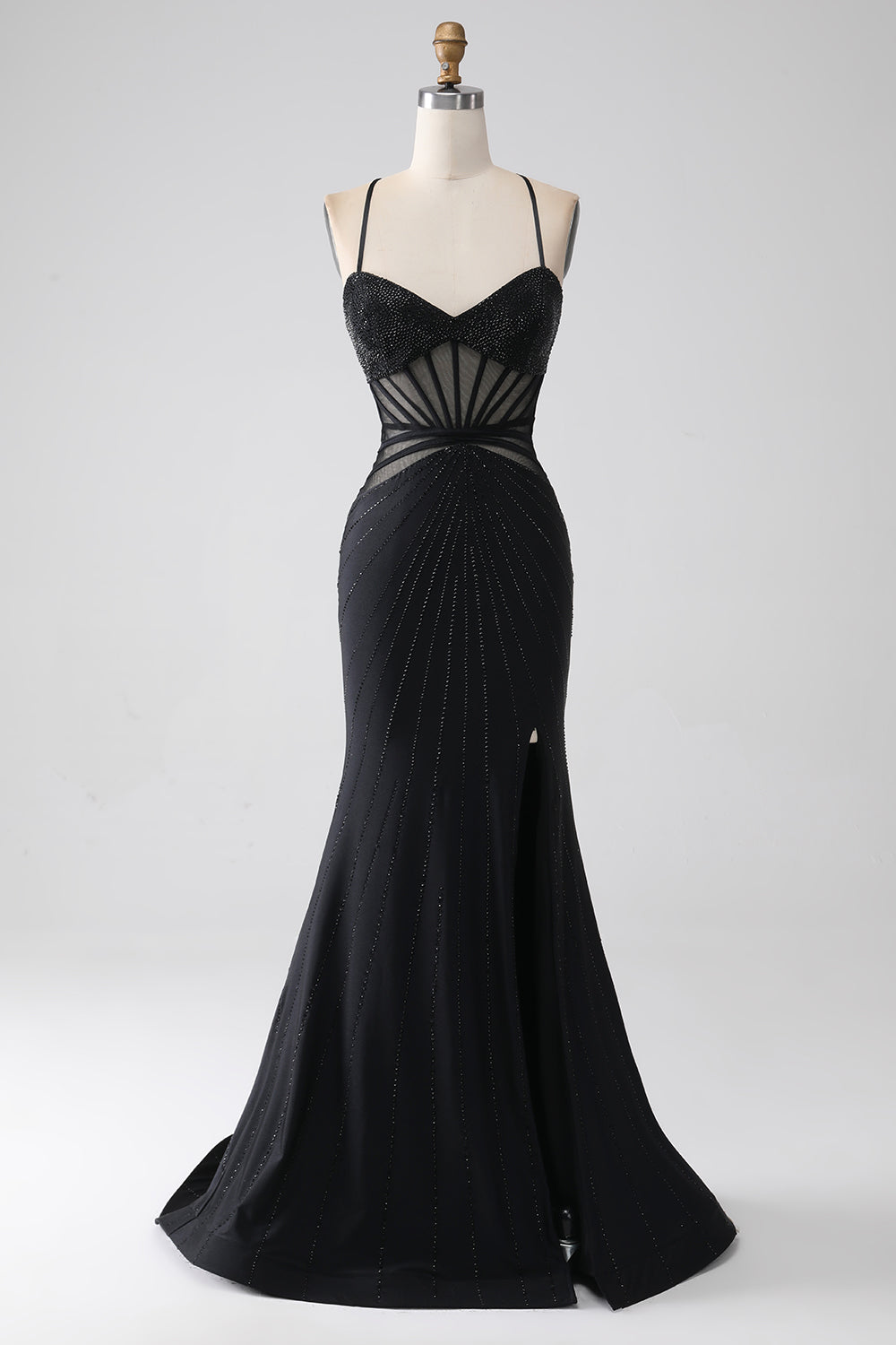 Mermaid nero Spaghetti Straps Abito lungo da ballo con spacco