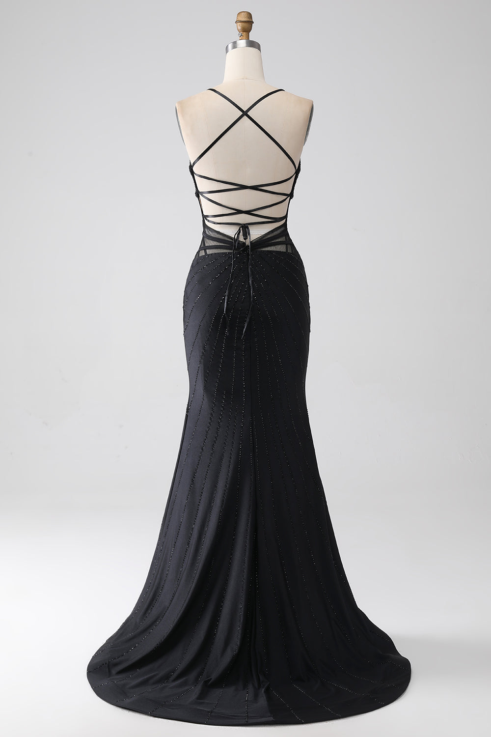 Mermaid nero Spaghetti Straps Abito lungo da ballo con spacco