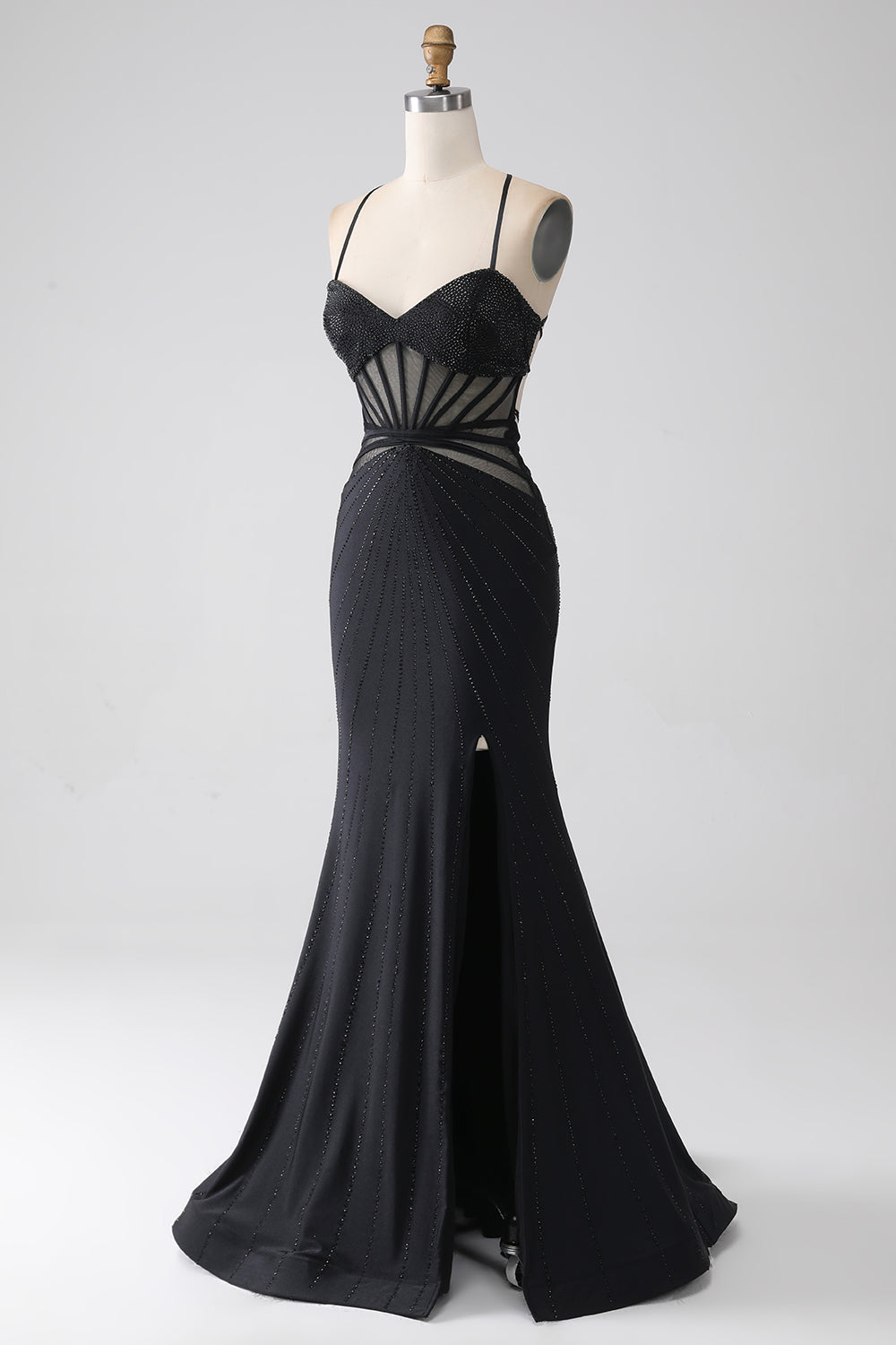 Mermaid nero Spaghetti Straps Abito lungo da ballo con spacco