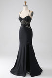 Mermaid nero Spaghetti Straps Abito lungo da ballo con spacco