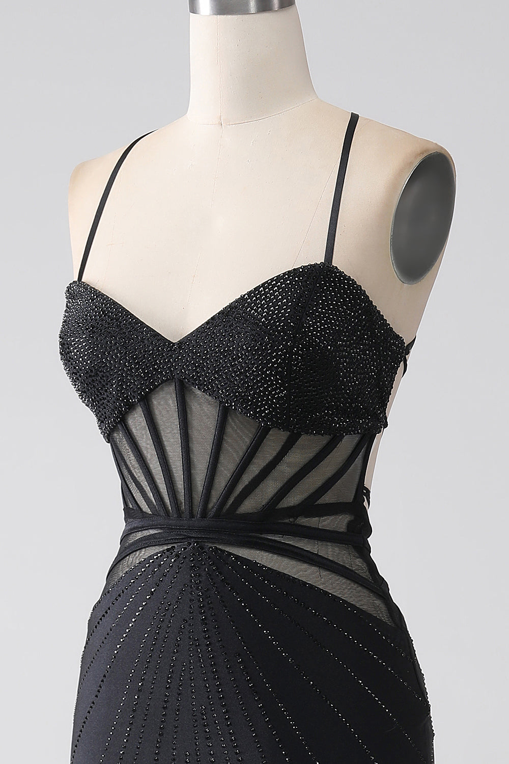 Mermaid nero Spaghetti Straps Abito lungo da ballo con spacco