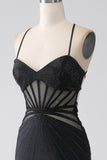 Mermaid nero Spaghetti Straps Abito lungo da ballo con spacco