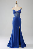 Royal Blue Mermaid Corsetto Prom Dress con perline