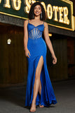 Sirena Royal Blue Glitter Corsetto Prom Dress con perline