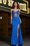 Sirena Royal Blue Glitter Corsetto Prom Dress con perline