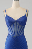 Royal Blue Mermaid Corsetto Prom Dress con perline