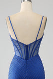 Royal Blue Mermaid Corsetto Prom Dress con perline