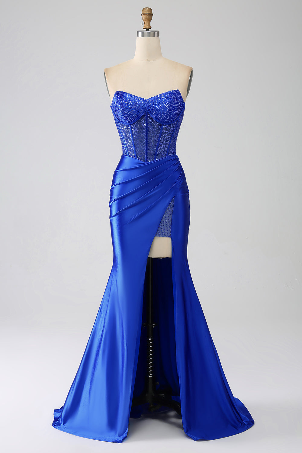 Blu Reale Sirena senza spalline Corsetto Abito da ballo lungo con perline