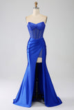 Blu Reale Sirena senza spalline Corsetto Abito da ballo lungo con perline