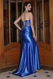 Blu Reale Sirena senza spalline Corsetto Abito da ballo lungo con perline