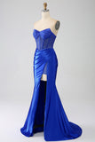 Sirena senza spalline Royal Blue Corsetto Prom Dress con perline