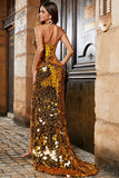 Golden Mermaid Halter Glitter Mirror Prom Dress con fessura alta