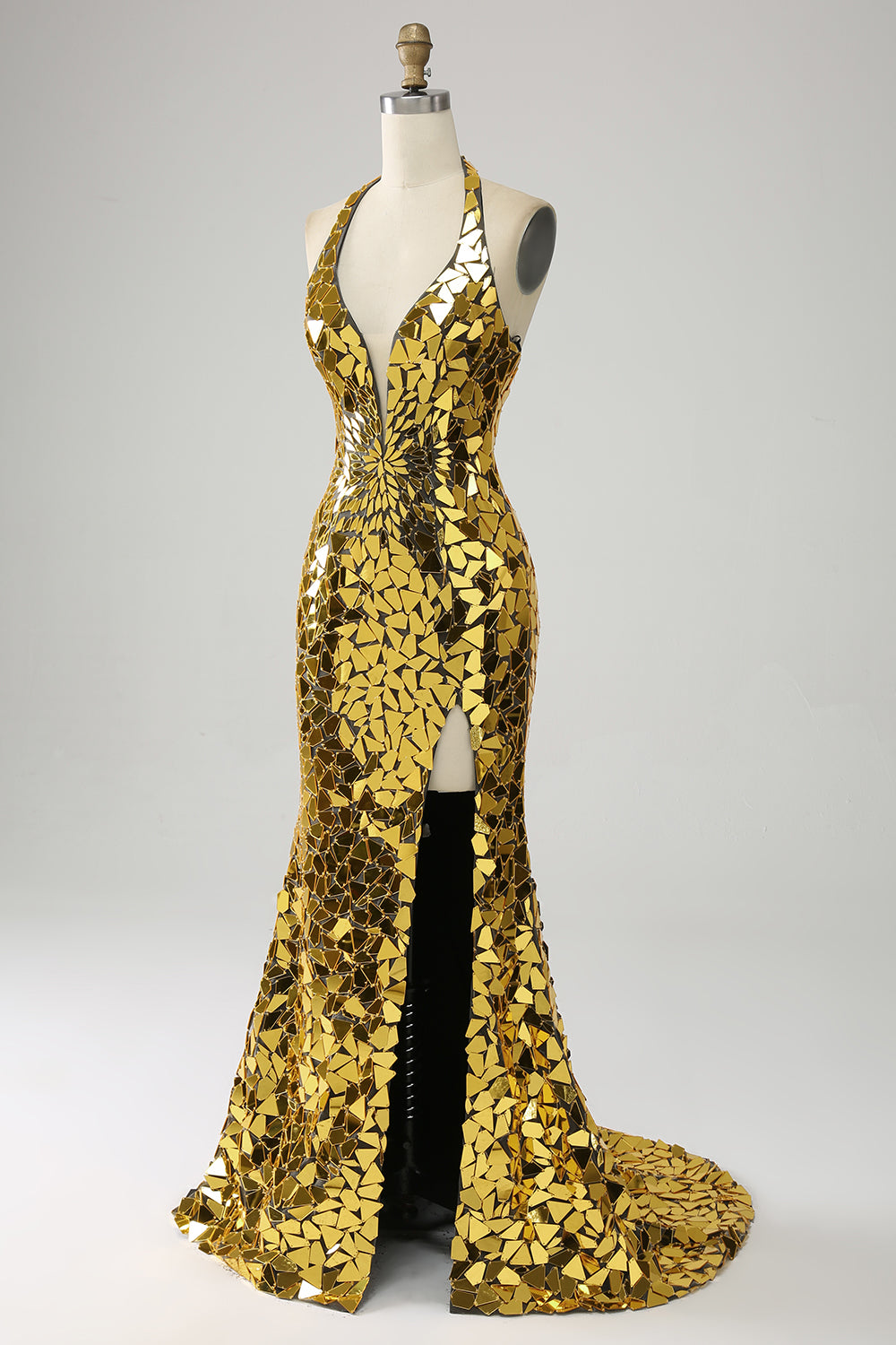 Golden Mermaid Halter profondo scollo a V Backless Mirror Prom Dress con fessura alta