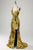 Golden Mermaid Halter profondo scollo a V Backless Mirror Prom Dress con fessura alta