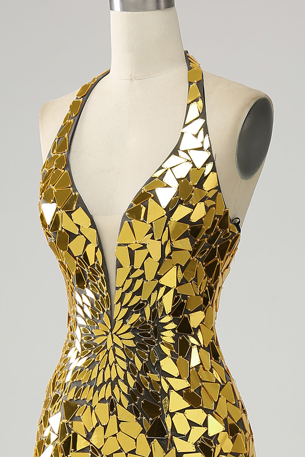 Golden Mermaid Halter profondo scollo a V Backless Mirror Prom Dress con fessura alta