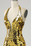 Golden Mermaid Halter profondo scollo a V Backless Mirror Prom Dress con fessura alta