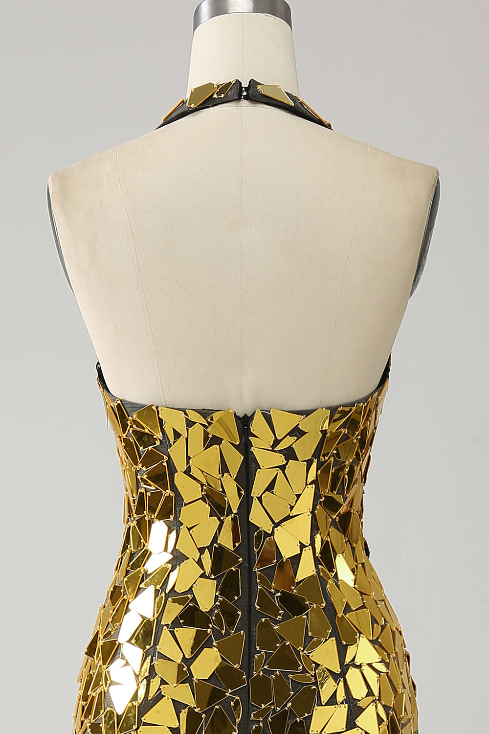 Golden Mermaid Halter profondo scollo a V Backless Mirror Prom Dress con fessura alta