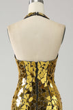 Golden Mermaid Halter profondo scollo a V Backless Mirror Prom Dress con fessura alta