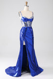 Royal Blue Mermaid Sparkly Paillettes Corsetto Abito da ballo con fessura