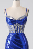 Royal Blue Mermaid Sparkly Paillettes Corsetto Abito da ballo con fessura