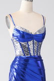 Royal Blue Mermaid Sparkly Paillettes Corsetto Abito da ballo con fessura