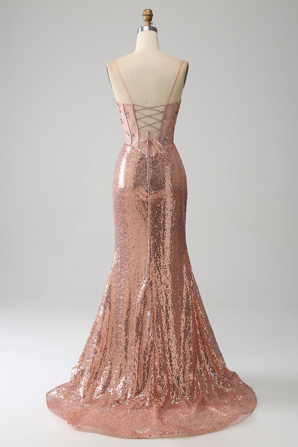 Oro rosa sirena in rilievo increspato paillettes corsetto abito da ballo con fessura laterale