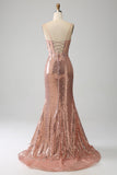 Oro rosa sirena in rilievo increspato paillettes corsetto abito da ballo con fessura laterale