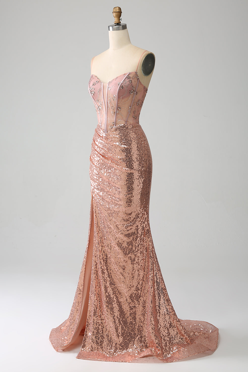 Oro rosa sirena in rilievo increspato paillettes corsetto abito da ballo con fessura laterale