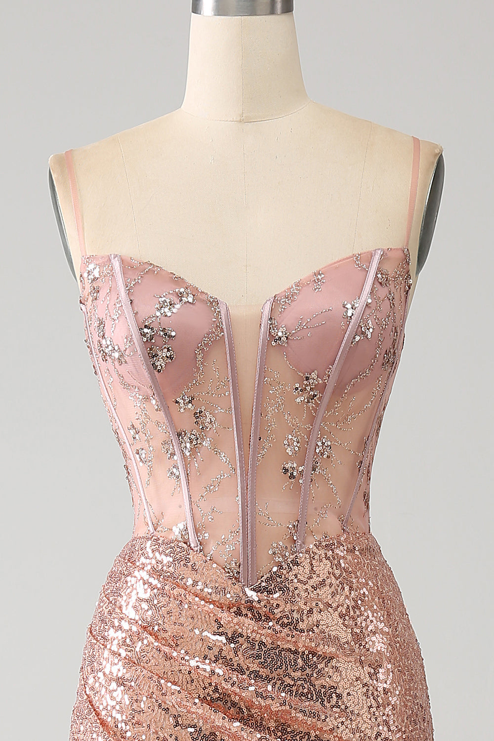 Oro rosa sirena in rilievo increspato paillettes corsetto abito da ballo con fessura laterale