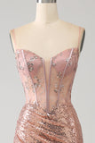 Oro rosa sirena in rilievo increspato paillettes corsetto abito da ballo con fessura laterale