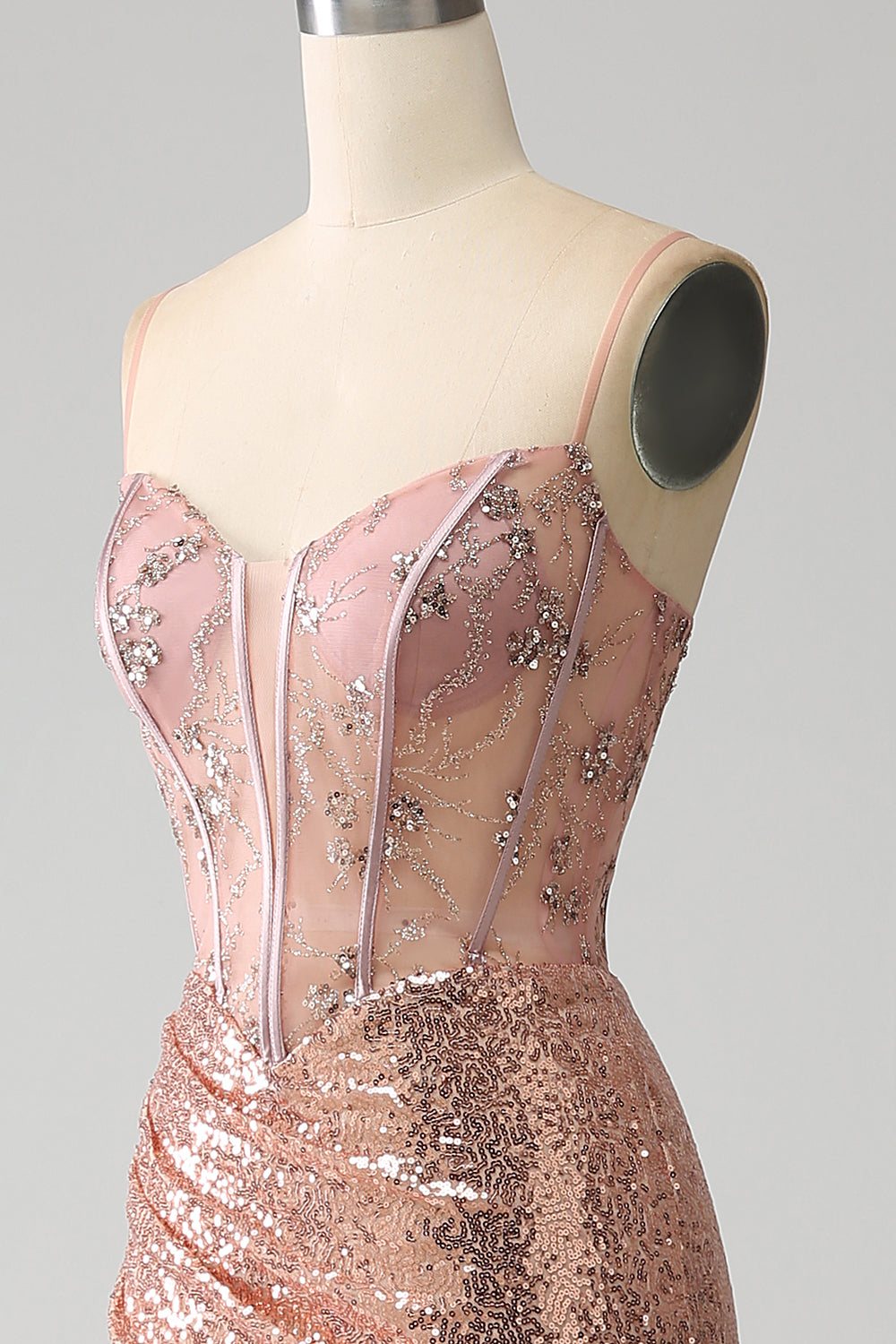 Oro rosa sirena in rilievo increspato paillettes corsetto abito da ballo con fessura laterale